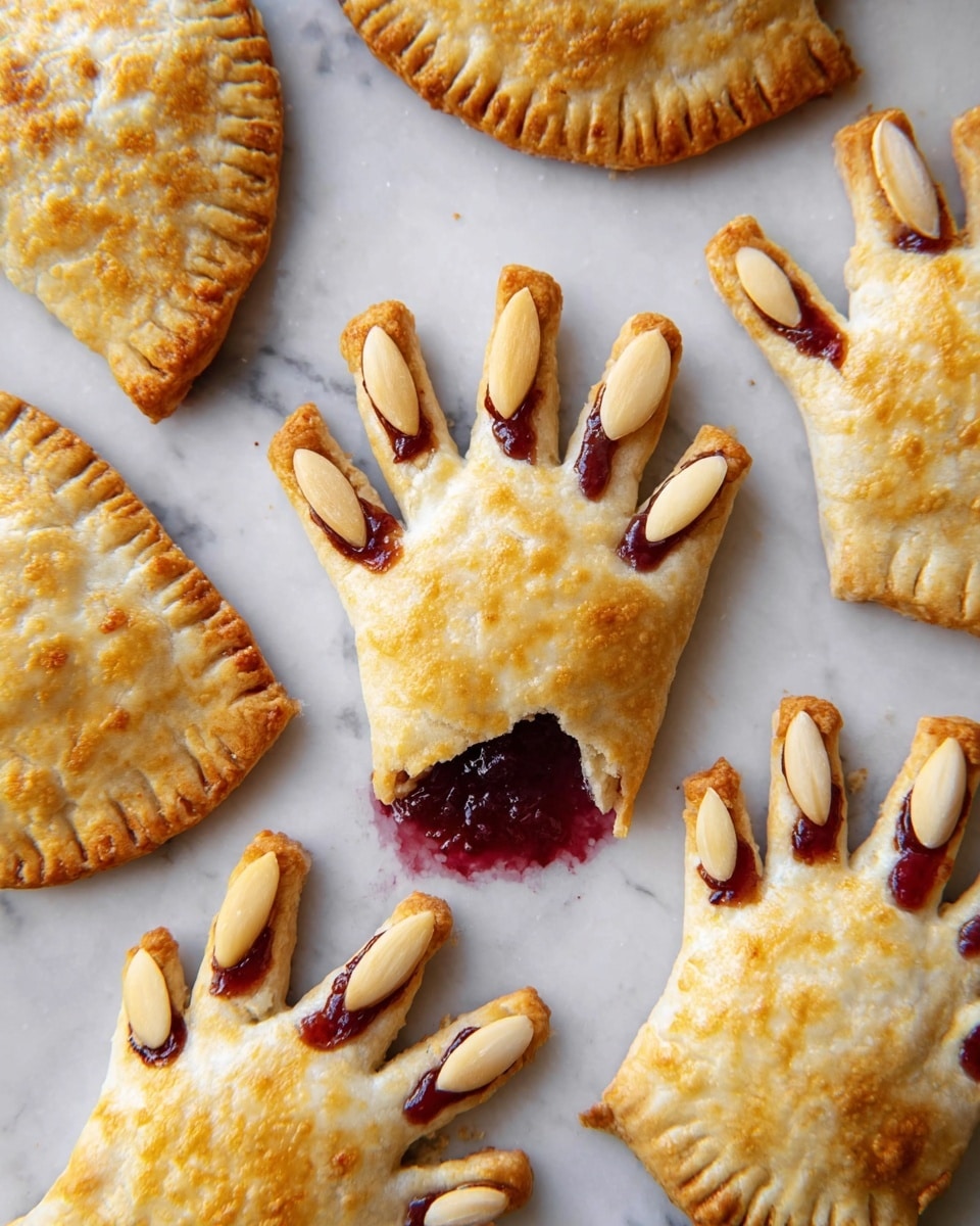 Several hand-shaped pastries with a golden brown crust lie flat on a dark baking tray. Each pastry has five fingers, with the edges crimped to seal. On the tip of each finger is a white almond slice, acting like a fingernail resting partly on a dark red jam underneath, adding a contrast of colors. The texture of the crust is smooth with some light cracking. The photo is clear and well-lit. photo taken with an iphone --ar 4:5 --v 7