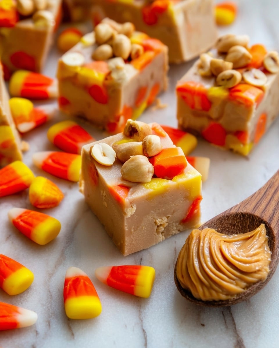 The image shows square pieces of candy fudge with a light creamy beige color base, filled with colorful candy corn pieces embedded inside. On top of each fudge square, there are golden brown roasted peanuts and a few whole candy corn pieces with yellow, orange, and white layers. The fudge pieces are placed on a white marbled surface scattered with more candy corn and peanuts around them. To the side, there is a wooden spoon holding a swirl of smooth, creamy peanut butter. photo taken with an iphone --ar 4:5 --v 7