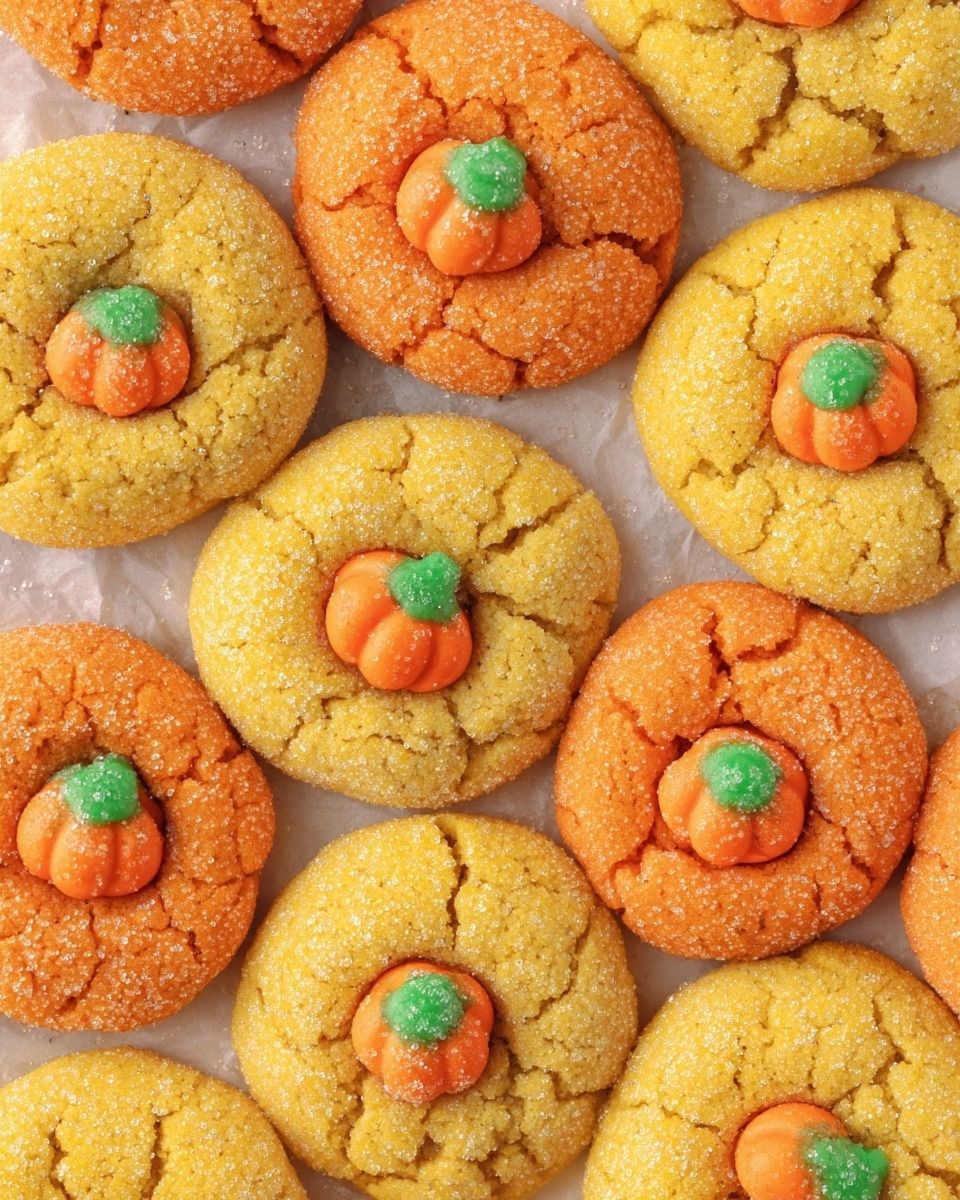 The image shows a close-up of round cookies arranged closely together on parchment paper. Each cookie has a cracked surface with a sugar-coated texture and is either bright yellow or bright orange in color. In the center of every cookie is a small, detailed candy shaped like a pumpkin with an orange body and a green top. The cookies have a rough, cracked texture that gives a handcrafted look, and the pumpkin candies add a festive fall touch. photo taken with an iphone --ar 4:5 --v 7
