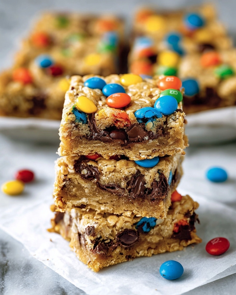 The image shows a stack of three square oat bars with colorful candy-coated chocolate pieces on top and inside. The top layer is a light golden-brown oat bar with bright blue, red, orange, yellow, and green chocolate candies scattered on the surface. The middle and bottom layers show a chewy oat texture mixed with dark chocolate pieces and the same colorful candies. The oat bars are stacked on white parchment paper placed on a white marbled surface. In the background, more oat bars are laid out in a row, slightly out of focus. Some loose colorful candies are scattered around the stack photo taken with an iphone --ar 4:5 --v 7