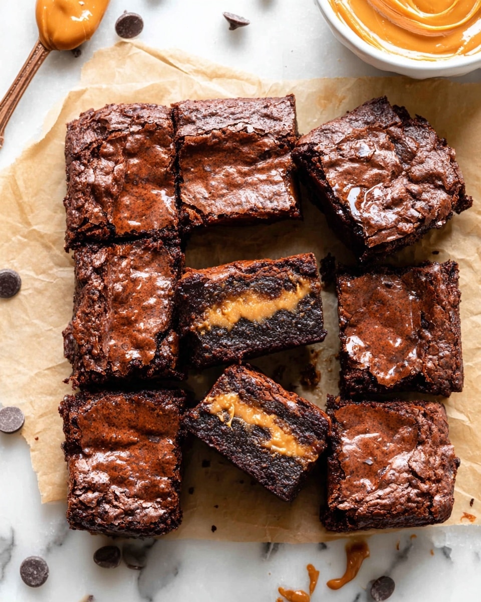 A square batch of nine dark brown brownies with a shiny, cracked top layer sits on parchment paper over a white marbled surface. One brownie at the top right corner is slightly lifted, showing two layers inside: a thick, rich, dark chocolate layer on the bottom and a creamy, light brown peanut butter layer in the middle. Another brownie piece is placed near the bottom left, also showing the same two layers. Scattered dark chocolate chips lie on the parchment around the brownies. Part of a white bowl filled with smooth orange peanut butter is visible at the top right corner. Photo taken with an iphone --ar 4:5 --v 7