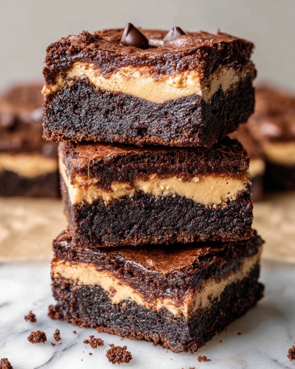 The image shows a stack of three thick brownie squares on a white marbled surface. Each brownie has three clear layers: a dark, crumbly chocolate layer on the top and bottom with a smooth, light brown creamy layer in the middle. The top chocolate layer has a slightly cracked texture with small chunks of chocolate visible. The middle creamy layer is smooth and evenly spread, contrasting with the rougher texture of the chocolate layers. The brownies look rich and dense, with crumbs scattered around the base. Photo taken with an iphone --ar 4:5 --v 7