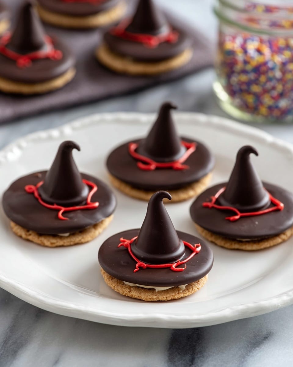 The image shows four round chocolate treats, each with three visible layers: a bottom layer of light brown cookie, a middle thick dark chocolate layer with small holes and uneven edges, and on top, a smooth, dark chocolate cone-shaped piece. Around the base of the cone is a thin ring of shiny red icing that trails off in a Y shape on the dark chocolate layer. These treats sit on a white plate with a white marbled surface underneath, and part of a woman's hand holding the plate is visible near the edge. Photo taken with an iphone --ar 4:5 --v 7