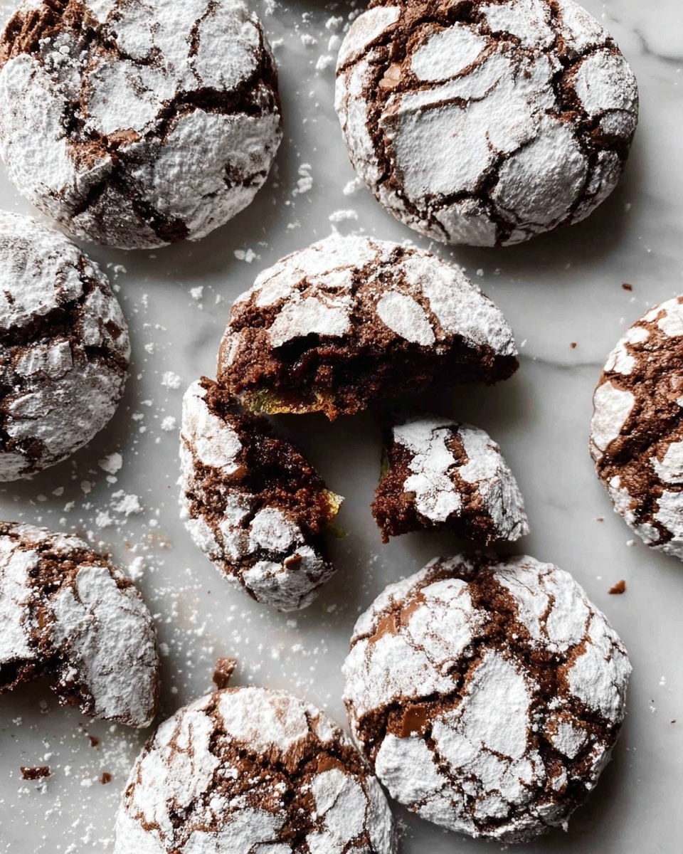 The image shows several round chocolate cookies covered in a thick layer of powdered sugar, which cracks to reveal dark brown chocolate beneath. The cookies have a rough and slightly shiny texture with visible cracks, and one cookie in the center is broken, revealing a dense, moist chocolate inside, with a small piece next to it. All the cookies are placed on a white marbled textured surface, and the powdered sugar creates a soft contrast with the dark chocolate color of the cookies. photo taken with an iphone --ar 4:5 --v 7