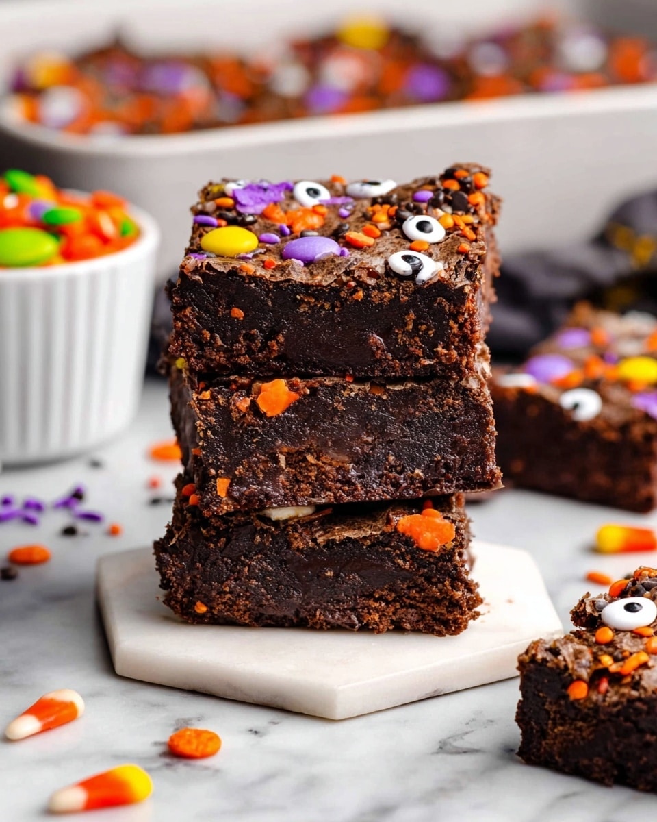 A stack of three thick, dark brown brownies with a rich texture sits on a small white hexagonal marble slab, each layer marked by a dense, moist inside and a slightly cracked top surface. The top brownie layer is decorated with colorful small candy pieces and Halloween-themed sprinkles in orange, purple, white, and black, including candy eyes and round candy pieces scattered across the surface. In the background, more brownies display similar textures and sprinkles in a white baking dish, and a white bowl filled with colorful candy pieces is visible on the left side. The entire scene is set on a white marbled surface. photo taken with an iphone --ar 4:5 --v 7