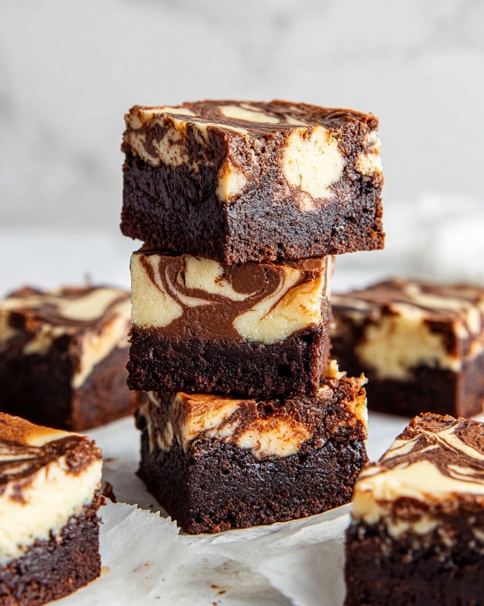 The image shows several square pieces of brownies arranged on a white marbled surface. Each brownie has two visible layers: a thick, dark brown chocolate base layer with a dense and moist texture, topped with a lighter cream-colored layer that has swirled patterns of chocolate creating marbled designs on the surface. The top cream layer is smooth with cracks that add a rustic look. One piece is turned on its side in the center, clearly showing the two distinct layers and the swirl design. The edges of the brownies are slightly crumbly, and small crumbs are scattered around. photo taken with an iphone --ar 4:5 --v 7