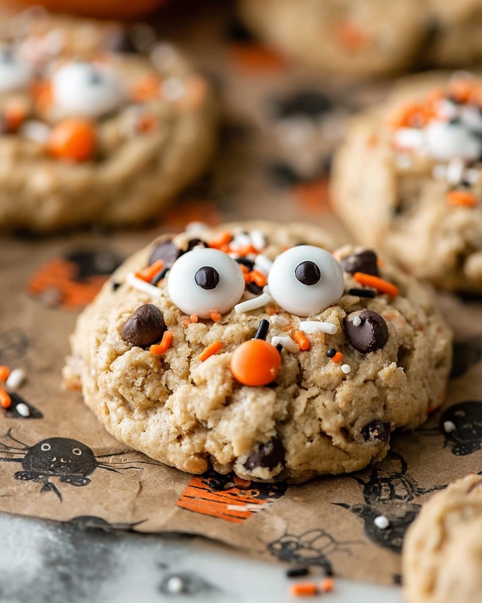 The image shows a close-up of a single thick cookie with a rough, chunky texture. The cookie dough is light brown with dark chocolate chips peeking through. On the top layer, there are two large, white candy eyes with black centers and colorful sprinkles scattered around in orange, black, and white. The cookie sits on a piece of brown parchment paper with Halloween-themed prints, resting on a white marbled surface. In the background, blurred cookies with similar decorations can be seen. Photo taken with an iphone --ar 4:5 --v 7