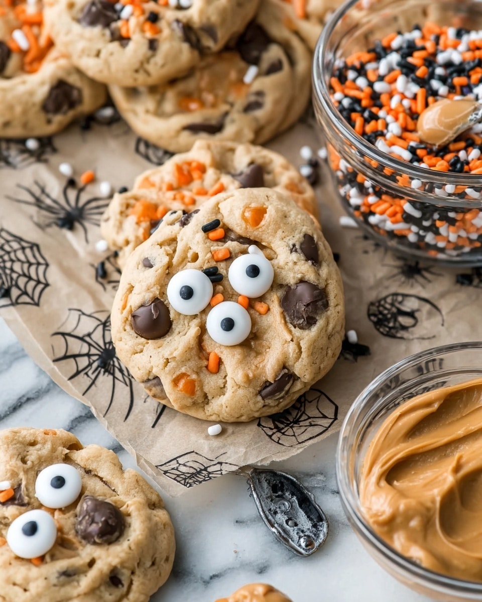 The image shows soft, chunky cookies with a light beige dough base filled with dark brown chocolate chips and topped with white candy eyes that have black centers. The cookies are decorated with small orange, black, and white sprinkles scattered on top. The cookies sit on a piece of paper with Halloween-themed black prints including pumpkins and spider webs. To the right, there is a spoon filled with smooth light brown peanut butter resting beside the cookies. In the background, there is a small clear glass bowl filled with orange, white, and black sprinkle mix, and the scene is set on a white marbled surface. photo taken with an iphone --ar 4:5 --v 7