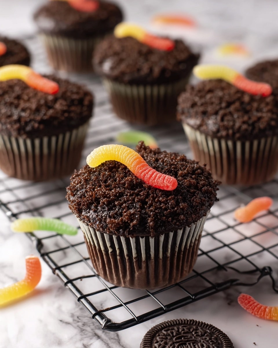 A dark chocolate cupcake is cut in half and placed on a white plate with a dotted edge. The cupcake has two layers: a moist, rich dark brown chocolate cake on the top and bottom, with a creamy, light brown chocolate filling in the middle. The outside of the cupcake is covered with a smooth dark chocolate frosting topped with small dark cookie crumbs, adding texture. In the background, a tall glass of milk and a whole cupcake garnished with a small green decoration on top can be seen, all set on a white marbled surface. photo taken with an iphone --ar 4:5 --v 7
