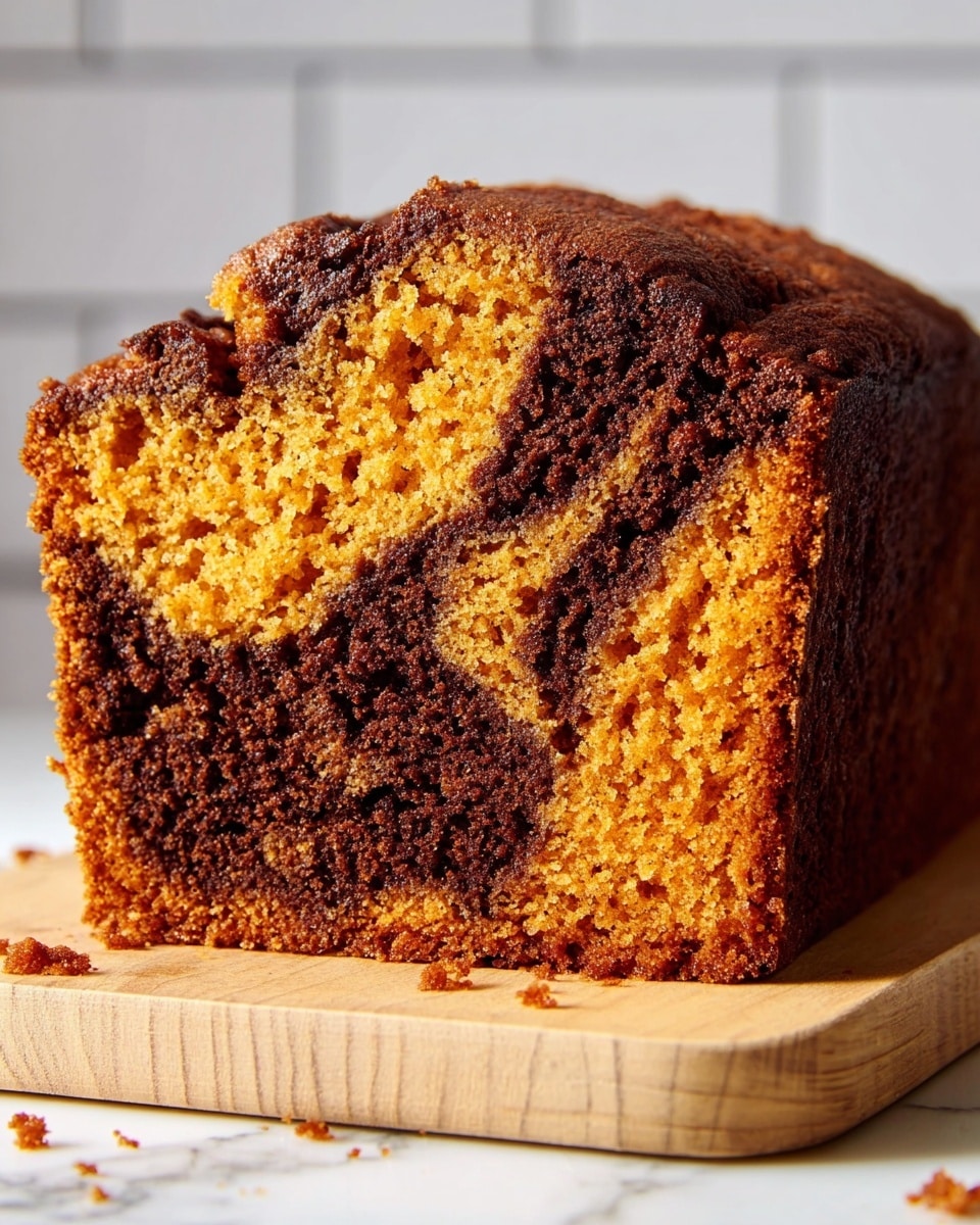 The image shows a close-up of a sliced loaf cake with a marbled mix of dark brown and orange colors throughout the soft, moist texture. On the right side, part of the whole loaf with a darker top crust is visible, while on the left, two thick slices lay flat on a white plate, revealing the swirling pattern inside. Crumbs are scattered around the slices, adding detail to the scene. The plate rests on a white marbled surface. Photo taken with an iphone --ar 4:5 --v 7