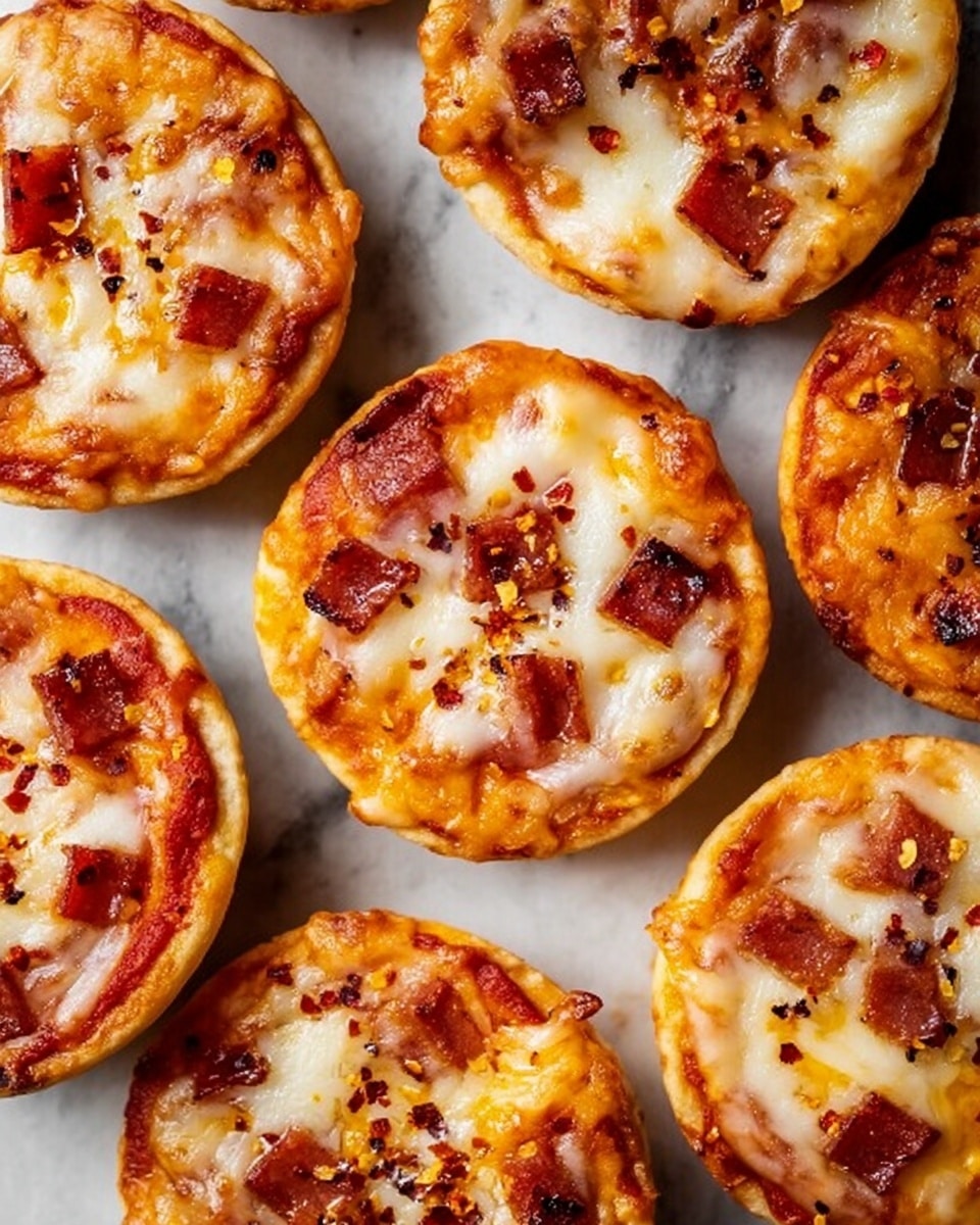 The image shows several small round mini pizzas arranged closely on a white marbled surface. Each mini pizza has a golden brown crust as the bottom layer, topped with a bright orange-red tomato sauce layer. On top of the sauce is a layer of melted white cheese covering most of the surface, slightly browned in spots. Scattered over the cheese are small, square pieces of reddish-brown pepperoni and tiny red chili flakes evenly spread across each pizza. The pizzas are baked to a lightly crisp texture with slight bubbling in the cheese. photo taken with an iphone --ar 4:5 --v 7