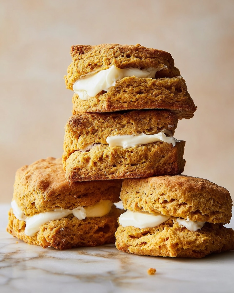A stack of four thick, golden brown biscuits with a rough, crumbly texture sits on a white marbled surface. Each biscuit is split in half horizontally, with a creamy white layer of butter spread unevenly between the top and bottom halves. The biscuits have a slightly uneven shape, and the butter peeks out, melting slightly into the warm biscuits. The background is softly blurred with a light neutral tone. photo taken with an iphone --ar 4:5 --v 7