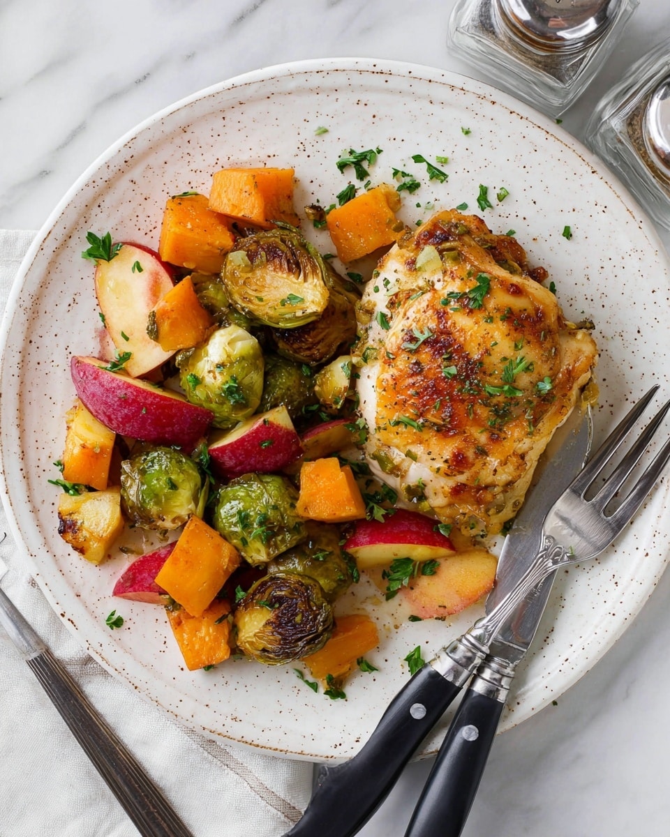 A white plate with small brown speckles holds a dish with two main parts; on the right side, there is a golden-brown roasted chicken piece with crispy skin sprinkled with green herbs, and on the left side, a mix of roasted vegetables including bright green Brussels sprouts, vibrant orange sweet potato cubes, and slices of red apple with their skin on, all scattered and garnished with green parsley pieces. The plate sits on a white marbled surface, with a silver fork and knife with black handles at the bottom right, and a clear glass pepper grinder partially visible at the top right corner. Photo taken with an iphone --ar 4:5 --v 7