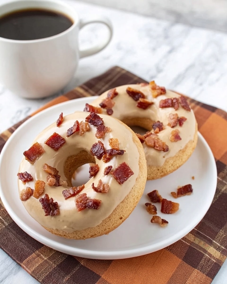 Two donuts sit side by side on a white plate placed on a white marbled surface with a brown and orange plaid cloth underneath. Each donut has a light brown frosting layer on top, which is smooth and lightly glossy. Scattered on the frosting are small, crispy pieces of bacon, dark brown to reddish in color, adding texture and contrast. Behind the plate, there is a white cup filled with black coffee, slightly out of focus but clearly visible. The overall setting gives a cozy and inviting breakfast feeling. photo taken with an iphone --ar 4:5 --v 7