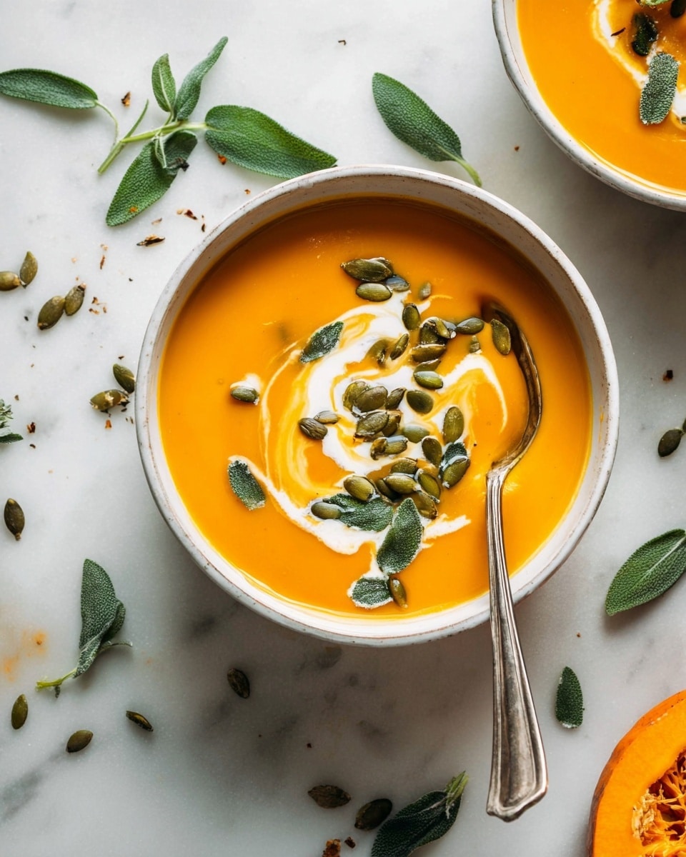 A white bowl filled with smooth orange soup sits on a white marbled surface. The soup has a swirl of white cream in the center topped with scattered green sage leaves and shiny pumpkin seeds. A silver spoon rests inside the bowl on the right side. Around the bowl, there are fresh sage leaves and more pumpkin seeds scattered on the white marbled surface. A metal blender stick lies nearby with some of the pumpkin seeds scattered around it. Part of a halved orange pumpkin is visible on the right edge. photo taken with an iphone --ar 4:5 --v 7
