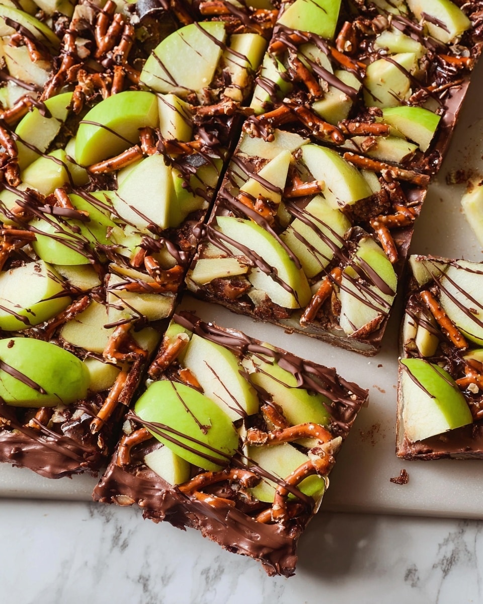 The image shows a dessert made of several square pieces arranged closely together on a flat white marbled surface. The base layer is a smooth dark brown chocolate spread. On top, broken pretzel sticks with a shiny, crunchy texture cover the whole surface evenly. Large chunks of bright green apple slices with pale insides are scattered across the layer, slightly overlapping the pretzels. The top has thin, random drizzles of dark chocolate, adding a glossy finish over both the apples and pretzels. The dessert looks rich and colorful with a mix of smooth, crunchy, and fresh textures. Photo taken with an iphone --ar 4:5 --v 7