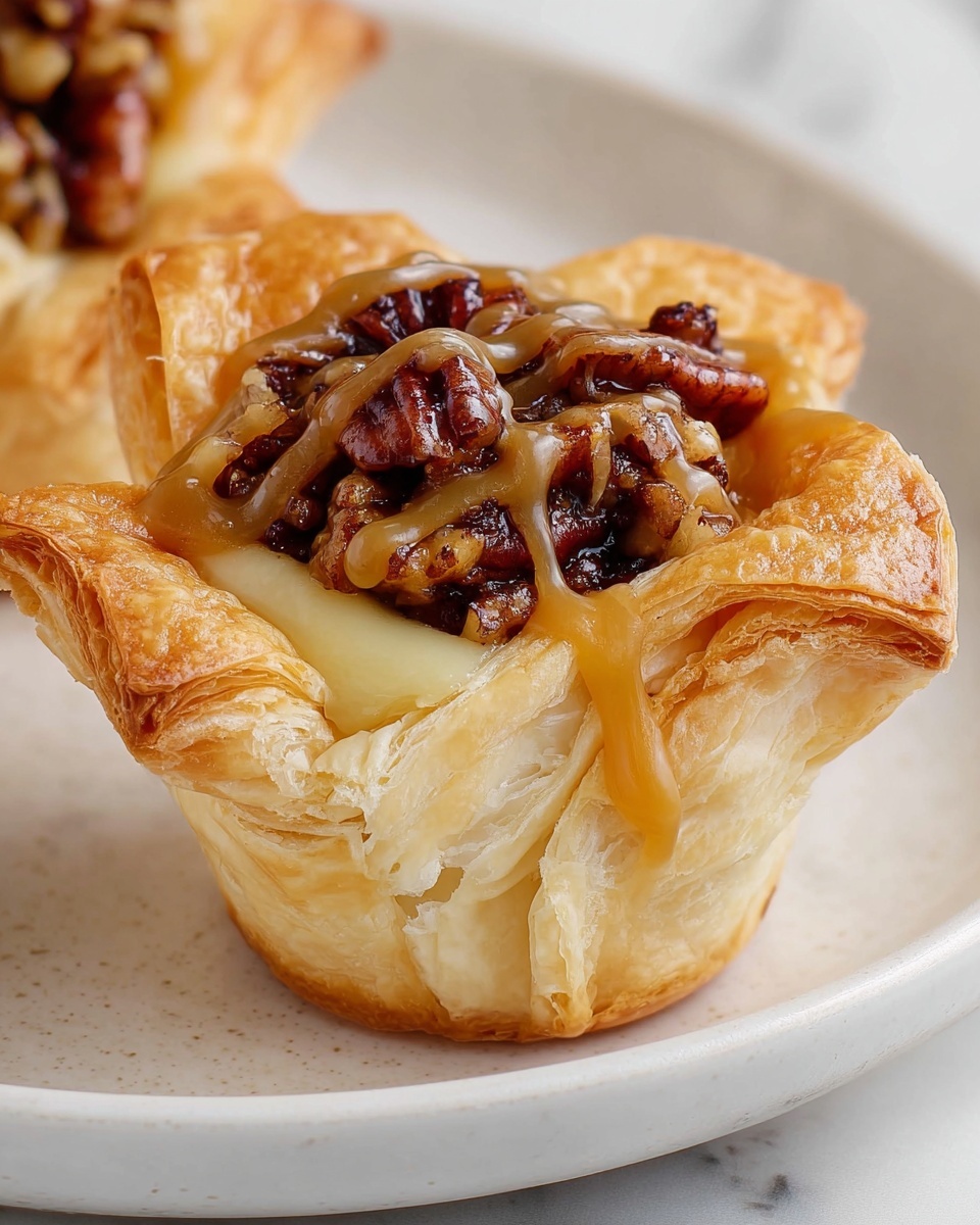 A small dessert cup made of golden flaky pastry forms the base, filled with dark caramelized apple pieces in the center. On top, there is a dollop of smooth white cream, drizzled with thick amber caramel sauce that runs down the sides. Small chopped nuts are sprinkled on the cream and plate, adding texture. The dessert sits on a stack of white plates over a white marbled surface, with a blurred reddish apple in the background. photo taken with an iphone --ar 4:5 --v 7