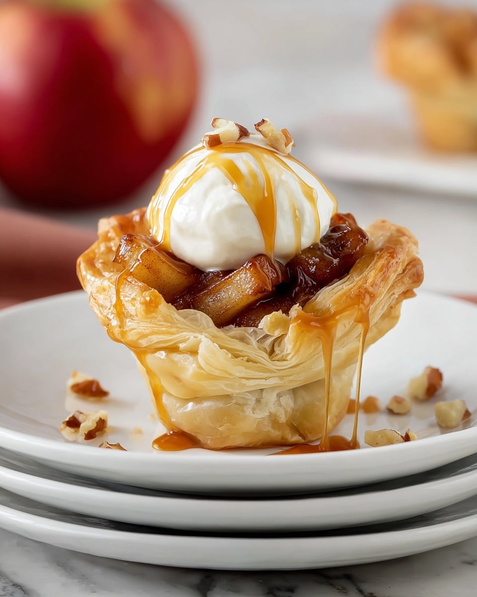 The image shows a close-up of two mini tarts on a white plate with a white marbled surface. Each tart has one layer of flaky, light golden pastry forming the base and sides. Inside, there is a thick layer of cinnamon-spiced apple filling made from small, soft, shiny apple pieces in a rich, glossy brown sauce. Some small nut pieces, likely pecans or walnuts, are scattered on the plate near the tarts. The background is blurred but shows a green apple and a red apple, adding soft colorful tones to the scene. Photo taken with an iphone --ar 4:5 --v 7