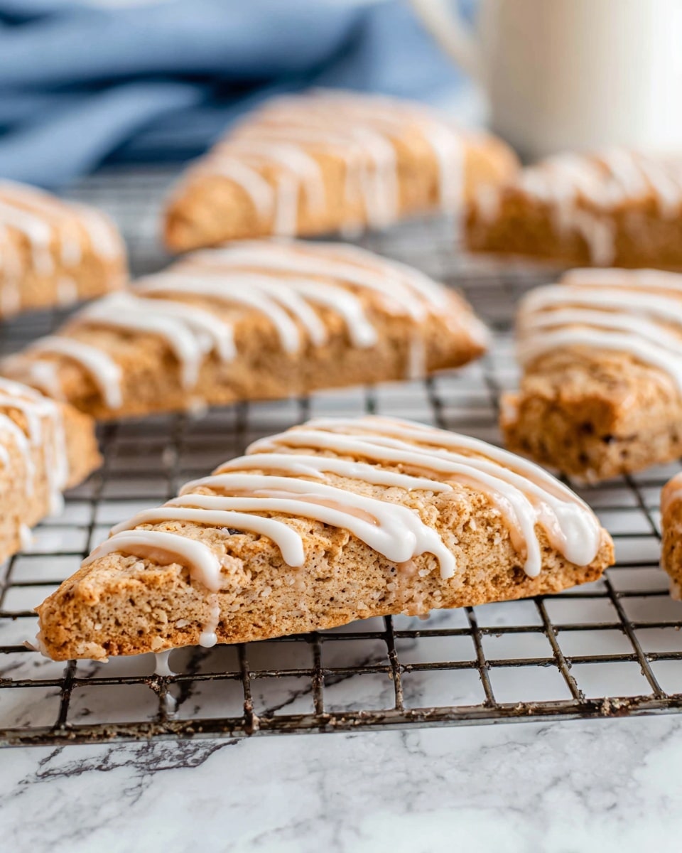 The image shows several triangular scones arranged on a wire rack over a white marbled surface. Each scone has one layer of light brown, crumbly, slightly textured dough. On top, there is a layer of smooth white icing, covering the upper flat surface. Drizzled over this icing is a second layer of light brown glaze with tiny darker speckles, creating thin stripes that run diagonally across each scone. The background is softly blurred with a blue cloth visible. photo taken with an iphone --ar 4:5 --v 7