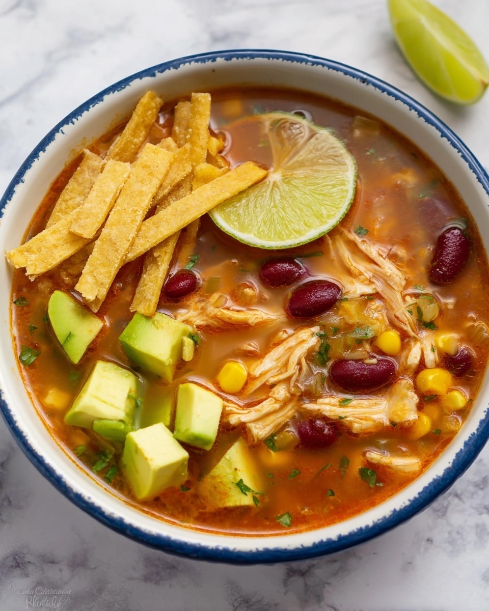 A white bowl with a blue edge holds a colorful chicken soup with a reddish-orange broth. Inside the soup, there are visible pieces of shredded chicken, yellow corn kernels, red kidney beans, and small chunks of green bell pepper. On one side of the bowl, a handful of light golden crispy tortilla strips stack neatly. Next to the strips is a lime slice resting on the surface of the soup. In the bottom section of the bowl are several diced light green avocado cubes. Small green herb bits are sprinkled across the top, adding a fresh touch, and the background is a white marbled surface. Photo taken with an iphone --ar 4:5 --v 7