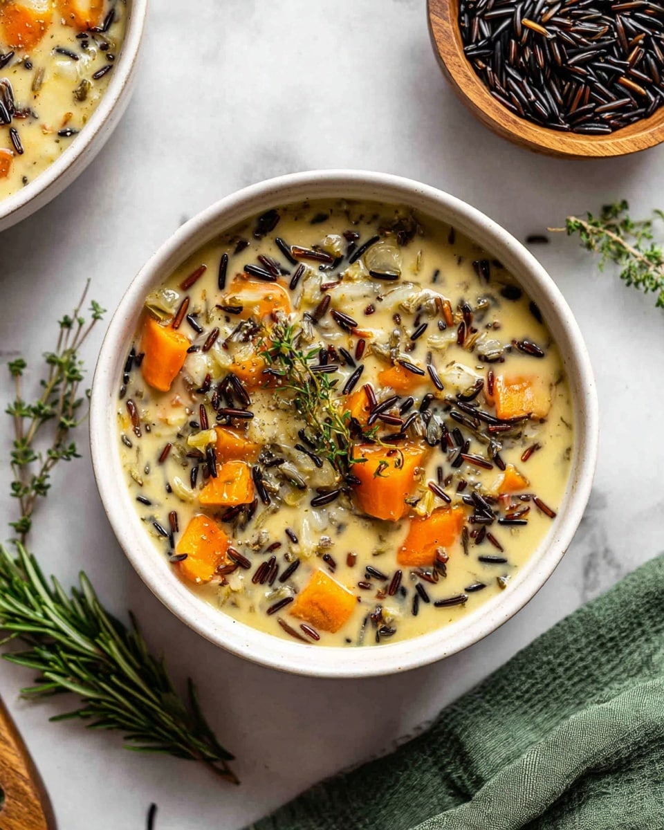 A close-up view of a creamy soup cooking inside a silver metal pot with a black outer rim. The soup has a rich, light yellow base with visible small pieces of orange carrots, green herbs, and some darker bits mixed throughout. A wooden spoon with a smooth texture is stirring the soup, showing the mix of ingredients and the creamy liquid's slightly thick consistency. The pot is placed on a white marbled surface, and a green cloth is partially seen in the background. photo taken with an iphone --ar 4:5 --v 7
