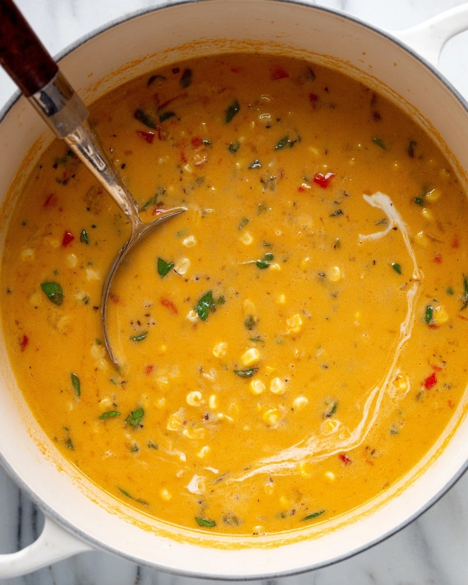 A close-up view of a white pot filled with thick orange-yellow soup, showing small pieces of corn, red bell pepper bits, and green herbs dispersed throughout. There are visible swirls of cream on the surface, adding a creamy texture contrast. A silver ladle with a wooden handle is partially immersed in the soup on the left side. The pot sits on a white marbled surface. Photo taken with an iphone --ar 4:5 --v 7
