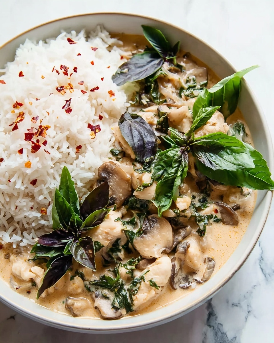 A white bowl filled with three main layers: on the left side, there is a bed of fluffy white rice lightly speckled with red chili flakes; on the right side, there are pieces of light beige chicken and thinly sliced brown mushrooms mixed with green leafy herbs, including bright green and dark purple basil leaves, all sitting in a creamy light brown sauce. The bowl sits on a white marbled surface. Photo taken with an iphone --ar 4:5 --v 7