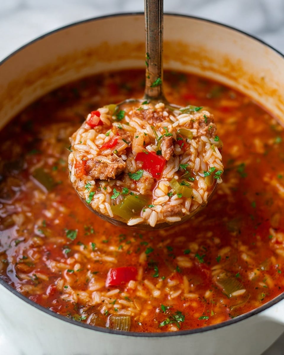 A ladle full of thick soup is shown above a large white pot filled with the same soup. The soup has a rich red-orange broth mixed with white grains of rice, small pieces of red and green bell peppers, chunks of browned meat, and finely chopped green herbs sprinkled on top. The texture looks hearty and chunky, with a good balance of liquid and solid parts. The background shows the white marbled texture surface. photo taken with an iphone --ar 4:5 --v 7