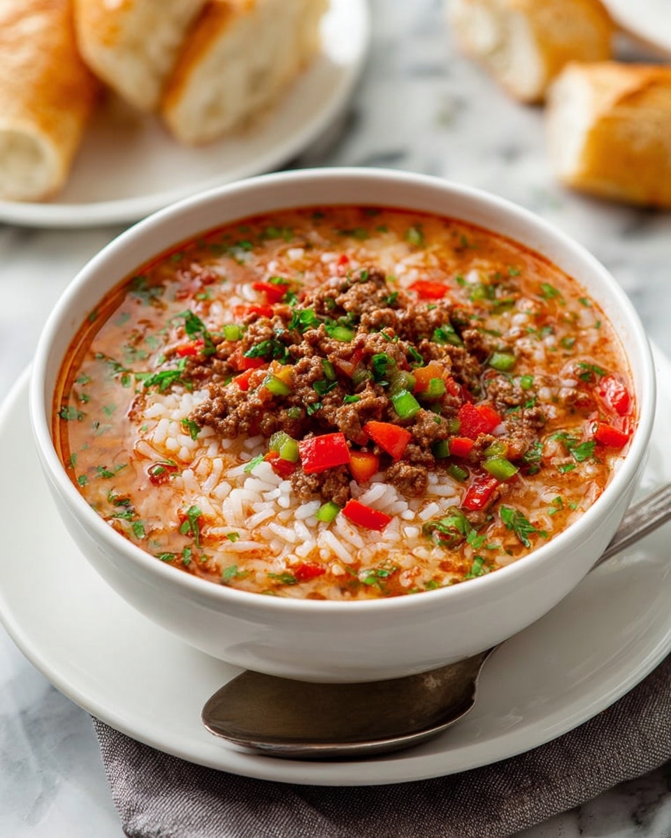 A white bowl filled with soup that has three main layers: on the bottom, a light red broth with a smooth texture; in the middle, cooked white rice and small pieces of browned meat mixed evenly; on the top, diced red and green peppers along with small green herb flakes scattered over the surface, giving a colorful look. The bowl is placed on a white plate, next to a silver spoon on a gray napkin on a white marbled surface. Bread pieces with a light golden crust are placed nearby, giving a cozy meal feel. Photo taken with an iphone --ar 4:5 --v 7
