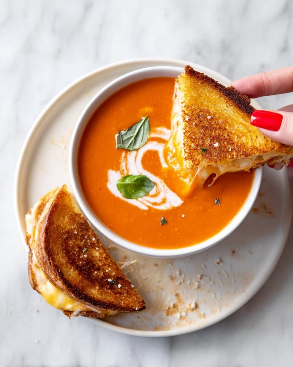 A white cup filled with smooth, bright orange tomato soup sits in the center of a white plate with a few crumbs scattered on it. On the surface of the soup is a swirl of white cream and two small green basil leaves with a bit of salt. A woman's hand with red-painted nails is dipping a golden-brown grilled cheese sandwich into the soup, while another half of the sandwich with melted cheese oozing out rests on the plate. The background is a white marbled texture. photo taken with an iphone --ar 4:5 --v 7