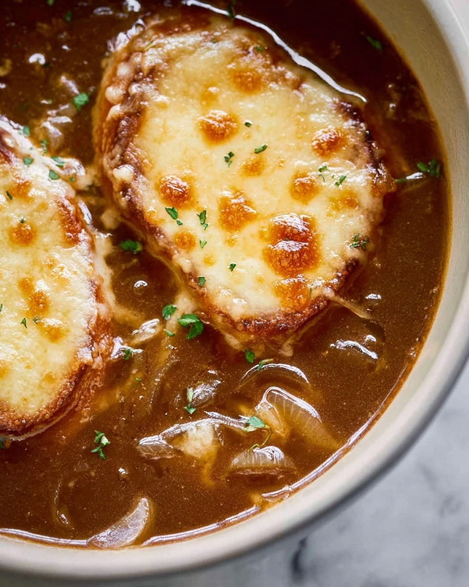 The image shows two lightly browned cheese-topped pieces floating in a thick, dark brown broth. The cheese has melted and browned around the edges, with spots of golden-orange and a slightly bubbly texture. Underneath the cheese, thin caramelized onions are visible, mixed into the broth. Tiny green herb leaves are scattered on top, adding a touch of color to the rich and smooth liquid around them. The broth has a glossy surface with small bubbles and onion strands spread throughout, all set on a white marbled background. photo taken with an iphone --ar 4:5 --v 7
