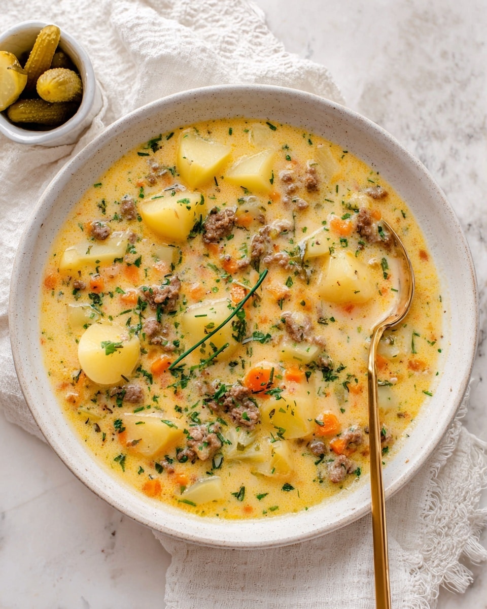 A white bowl filled with creamy soup that has chunks of yellow potatoes, small pieces of light brown meat, and bits of orange carrots mixed evenly in a thick yellowish broth. Small green chives are sprinkled on top, adding color. A gold spoon rests inside the bowl with some soup on it. The bowl is placed on a white marbled surface with a white cloth nearby and a small white container with round pickles beside it. photo taken with an iphone --ar 4:5 --v 7