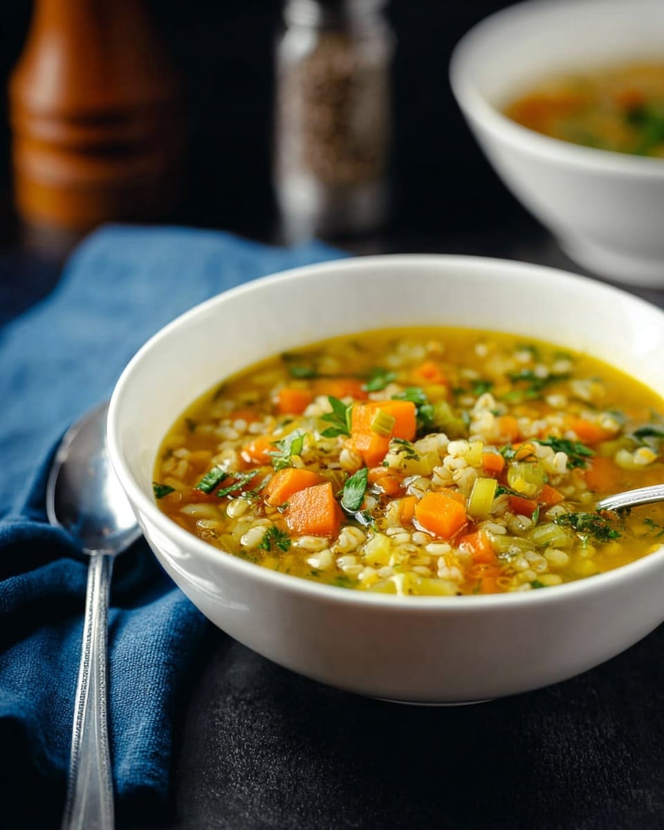 A white bowl filled with a thick vegetable soup sitting on a dark surface, showing layers of diced orange carrots, small white grains of barley, green celery pieces, and scattered fresh green herbs in a light yellow broth. The soup has a hearty and colorful mix of small vegetable chunks floating evenly throughout the bowl. A blurred background includes a pepper grinder, a white bowl with more soup, and a blue cloth. Photo taken with an iphone --ar 4:5 --v 7