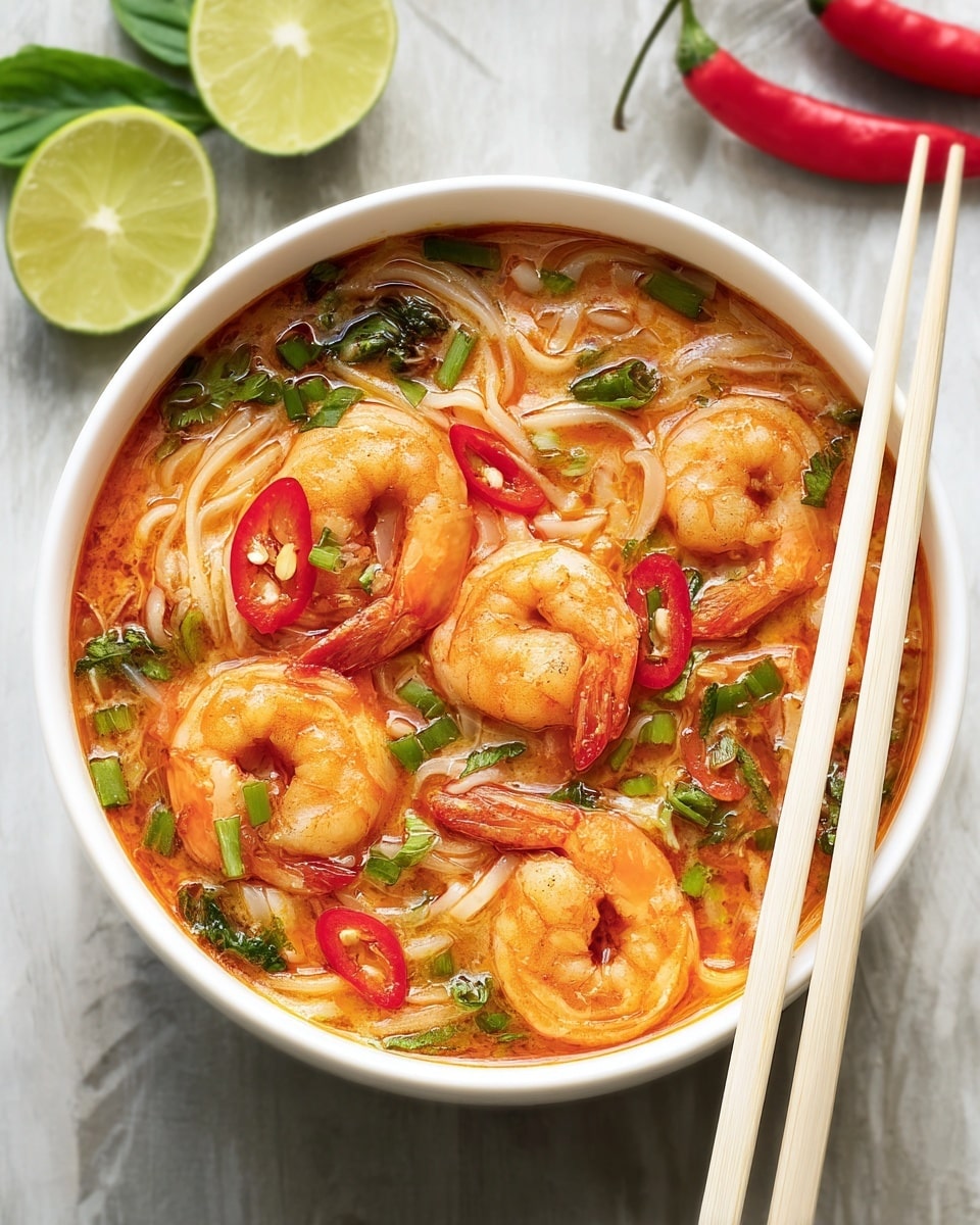 A white bowl filled with shrimp noodle soup showing six large orange shrimp resting on flat light beige noodles soaked in reddish-orange broth. Bright green chopped herbs, sliced green onions, and red chili slices are sprinkled on top and mixed into the soup. Two light wood chopsticks rest across the right edge of the bowl. The bowl sits on a white marbled surface with two whole red chilies, two lime halves, and a few green leaves blurred in the background. Photo taken with an iphone --ar 4:5 --v 7