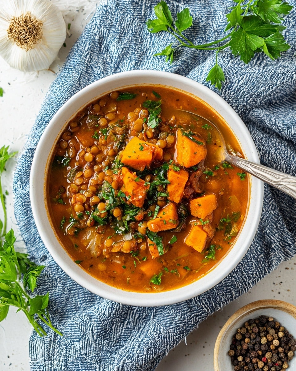 A white bowl filled with thick stew showing several chunky orange pieces of sweet potato and small round brown lentils in a rich brown-orange broth. Green leafy bits of parsley are scattered on top and throughout the stew. A metal spoon rests inside the bowl. The bowl sits on a blue and white striped cloth, with a garlic bulb in the top left corner and fresh parsley leaves scattered on a white marbled surface around the bowl. A small white bowl filled with black peppercorns is partially visible in the bottom right corner. Photo taken with an iphone --ar 4:5 --v 7