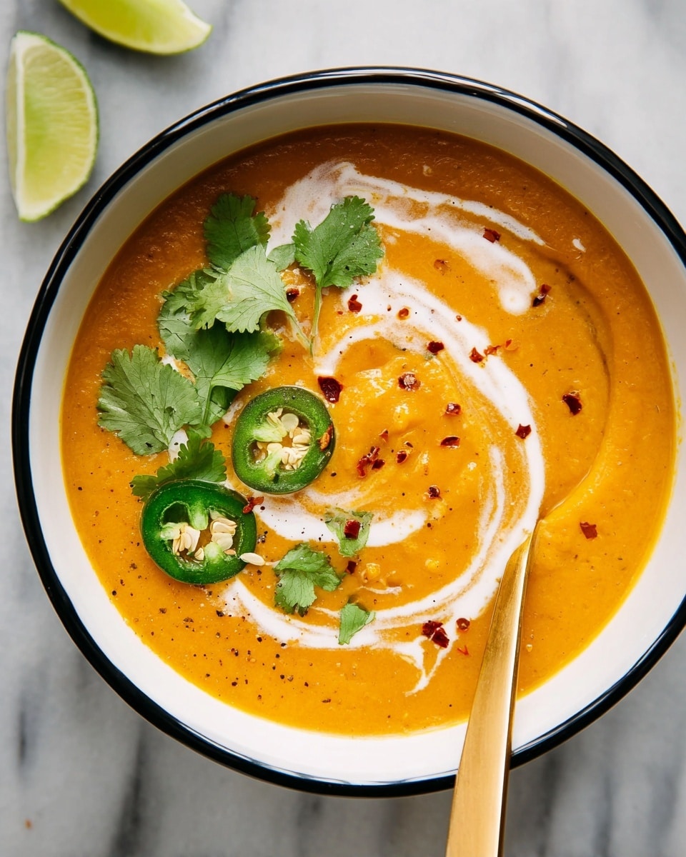A white bowl with a black rim holds one layer of thick orange soup with a smooth texture. On top, there is a swirl of white cream that spreads unevenly across the soup surface, slightly mixing with the orange. The soup is garnished with green cilantro leaves and a sliced green jalapeño pepper, sprinkled with small red flakes. A golden spoon is partially inside the bowl at the bottom right side. The bowl sits on a white marbled surface, with a halved lime partially visible on the top left. photo taken with an iphone --ar 4:5 --v 7