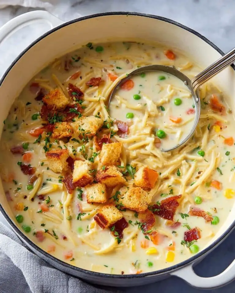 Creamy Chicken Noodle Soup with Mini Croutons Recipe
