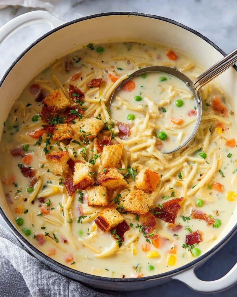 Creamy Chicken Noodle Soup with Mini Croutons Recipe