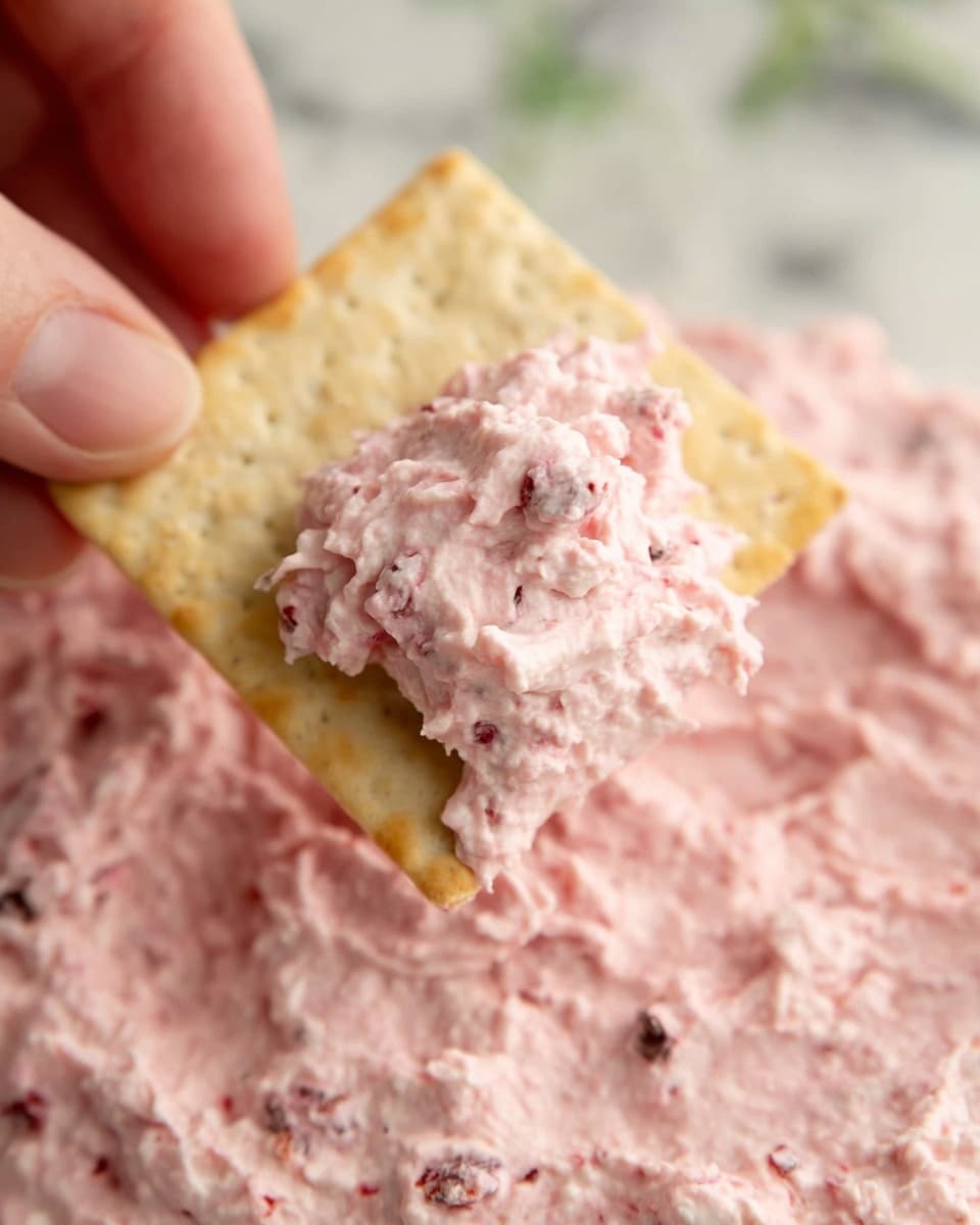 A close-up view of a square-shaped light beige cracker held by a woman's hand, with a thick layer of pink, chunky dip loaded on it. The dip has visible small pieces of darker and lighter colors mixed, giving it a textured look. The background is a white marbled surface with more of the same dip spread out flat beneath the cracker. Photo taken with an iphone --ar 4:5 --v 7