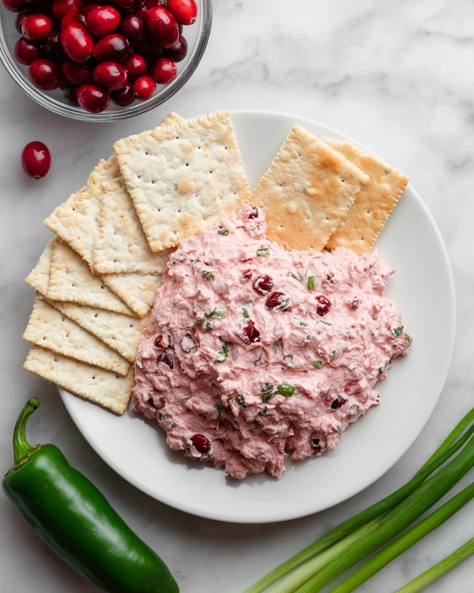 A white plate sits on a white marbled surface, holding a mound of thick pink dip with visible small green and red bits mixed throughout. Surrounding the dip are large, square white crackers with slightly rough edges, one cracker is partially covered by the dip. To the top left of the plate, a small clear bowl is filled with shiny red cranberries. On the bottom left is a whole green chili pepper, and to the top right, a small bunch of green onions rests on the surface. photo taken with an iphone --ar 4:5 --v 7