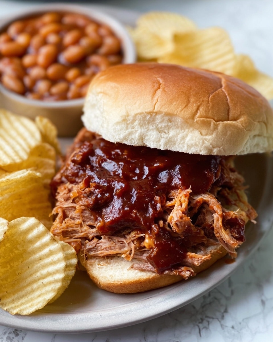 A white plate holds a sandwich with three layers: the bottom layer is a soft, light brown bun, topped with a thick, messy pile of shredded meat covered with shiny, dark red barbecue sauce, and finished with the top light brown bun slightly tilted to the side. To the left of the sandwich, there are slightly ridged, pale yellow potato chips stacked loosely, and baked beans with a light brown sauce next to them. The plate is on a white marbled surface. photo taken with an iphone --ar 4:5 --v 7