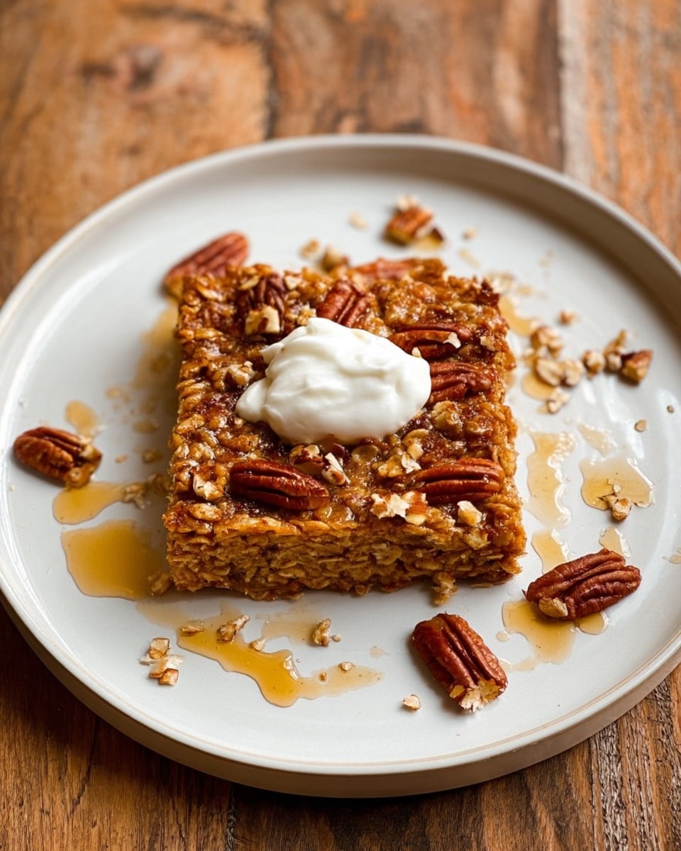 A square piece of baked oatmeal with visible oats and chopped pecans on top is placed in the center of a round white plate. The oatmeal has a golden-brown color with a slightly textured surface from the oats and nuts. There is a dollop of white cream or yogurt on the middle top of the oatmeal square. Surrounding the oatmeal on the plate are small drips and pools of a light amber syrup and scattered pecan pieces. The plate sits on a white marbled surface with a wood pattern in the background. photo taken with an iphone --ar 4:5 --v 7