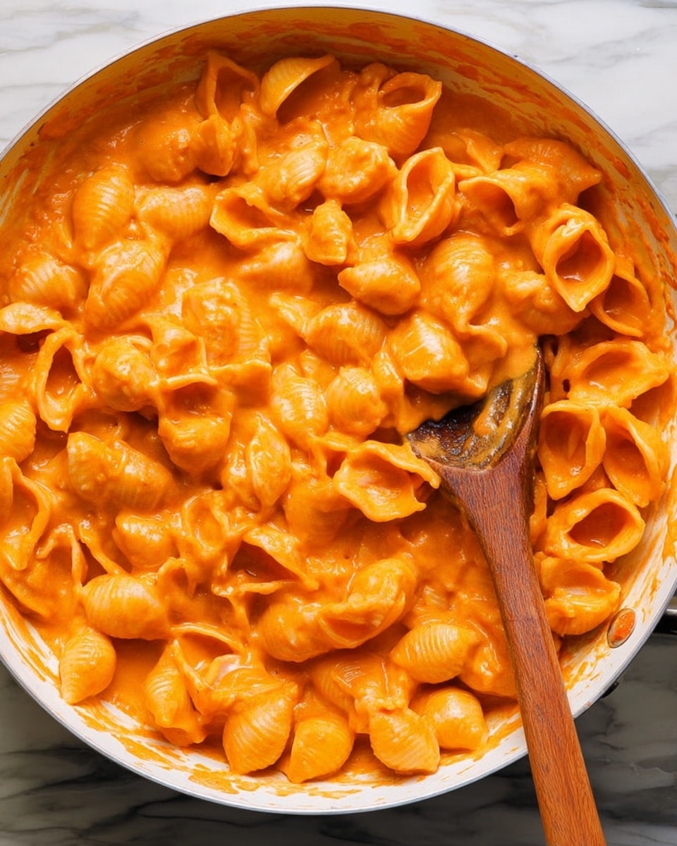 A white pan filled with glowing orange pasta shells covered in a thick, smooth sauce that clings to each piece, with a wooden spoon partly buried in the pasta near the center bottom of the pan, all resting on a white marbled surface photo taken with an iphone --ar 4:5 --v 7