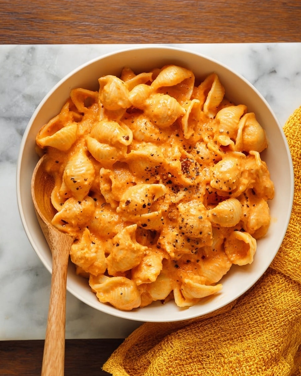 The image shows a white bowl filled with a creamy orange pasta dish made with shell-shaped pasta. The pasta is fully coated in a thick, smooth orange sauce with some black pepper sprinkled on top. A light wooden utensil is placed inside the bowl on the left side, partially submerged in the pasta. The bowl is resting on a white marbled surface with a yellow woven cloth nearby. The colors are warm and the pasta looks soft and rich. Photo taken with an iphone --ar 4:5 --v 7