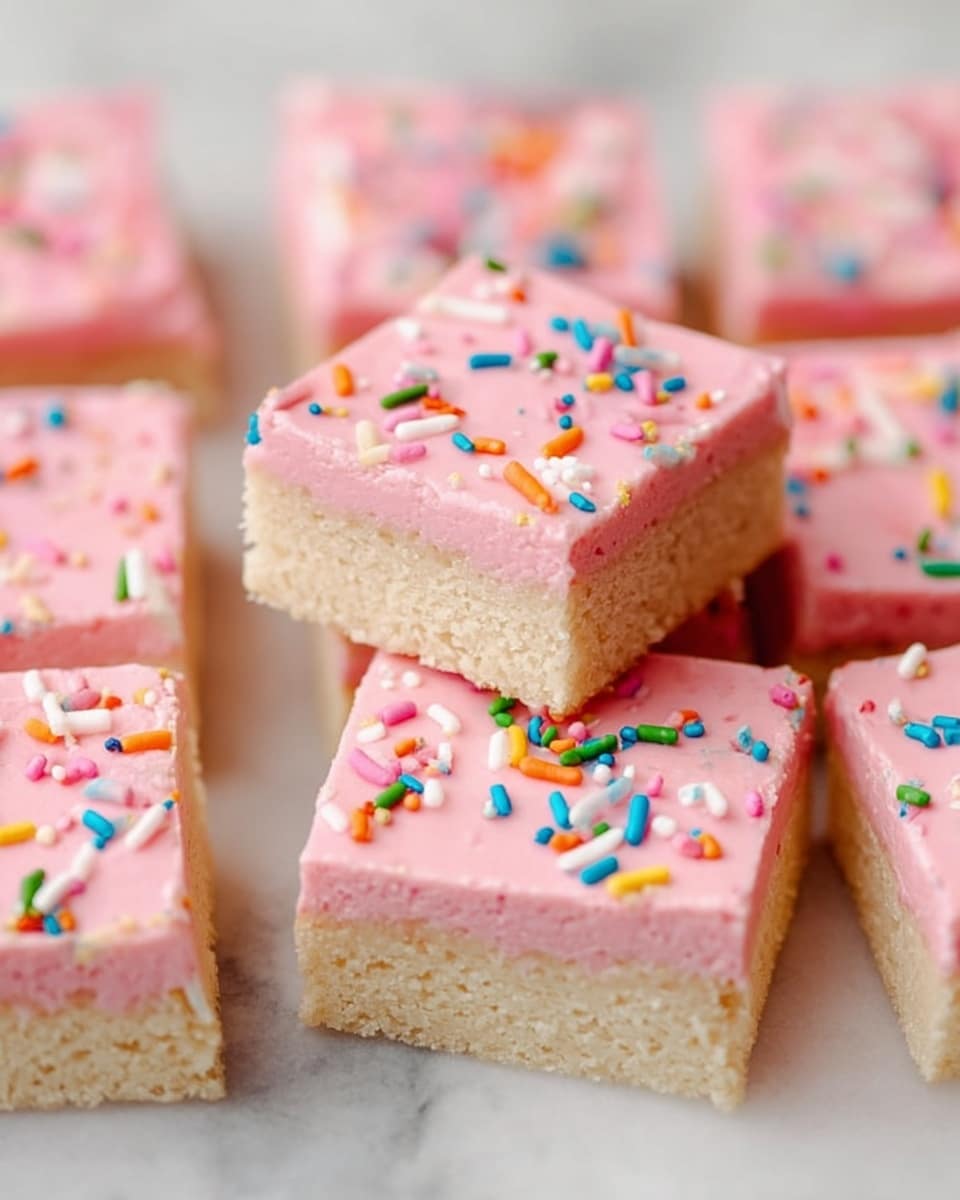 The image shows several square pieces of a dessert arranged neatly on a white marbled surface. Each piece has two layers: the bottom layer is thick and light beige with a crumbly texture, while the top layer is a smooth, thick pink frosting. The frosting is decorated with small colorful sprinkles in various shapes and colors like blue, green, yellow, orange, and white. The pieces are evenly spaced, with one piece placed atop another in the center, highlighting the layers clearly. The lighting is soft, making the colors look bright and fresh. photo taken with an iphone --ar 4:5 --v 7