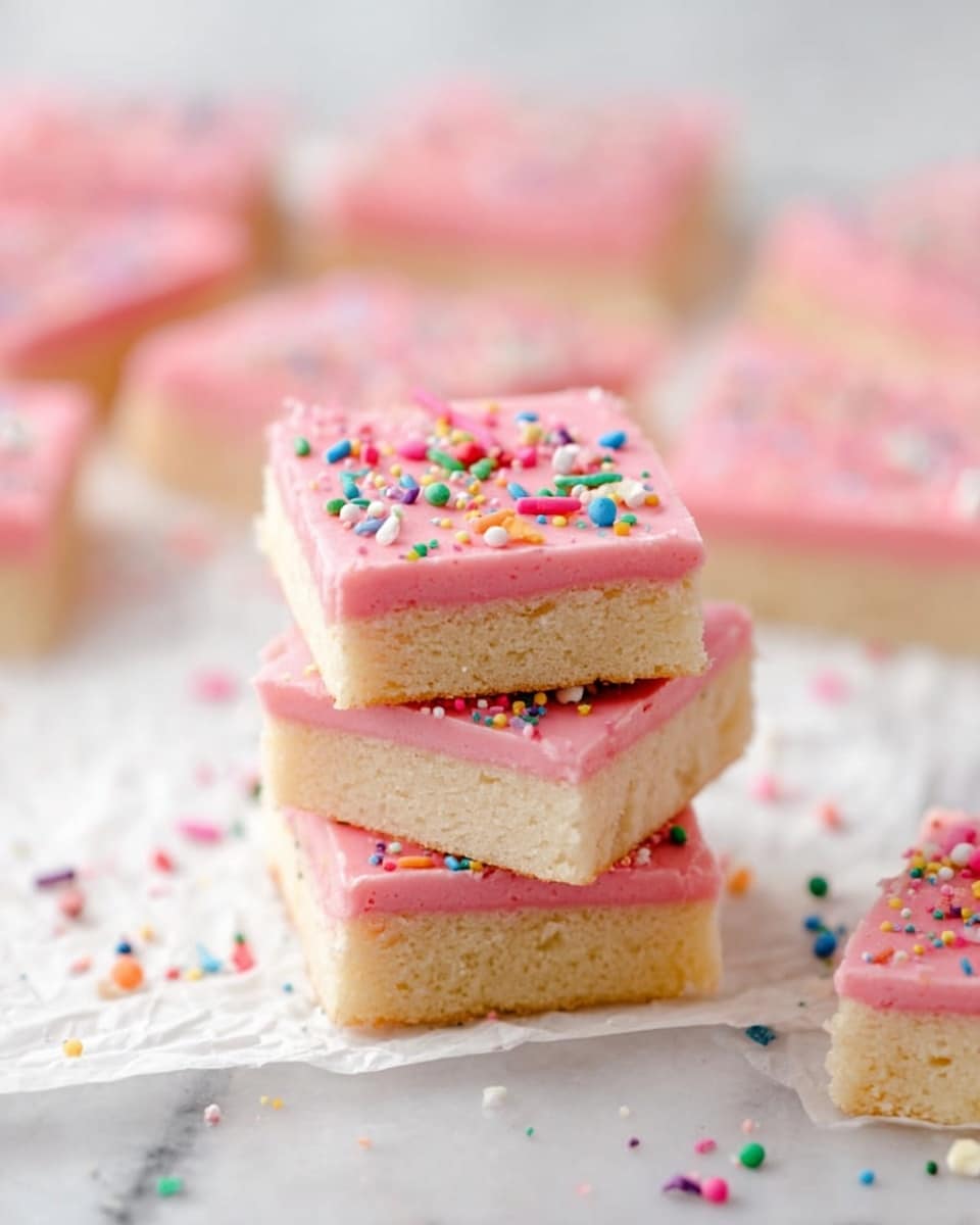 The image shows a stack of three square dessert bars with two distinct layers: a thick, light beige, soft cake base at the bottom and a smooth, thick pink frosting on top, sprinkled with small colorful round and rod-shaped sprinkles. Around the stack, there are more pieces of the same dessert laid on a sheet of parchment paper, all resting on a white marbled surface with some loose sprinkles scattered around. The overall scene looks bright and sweet. photo taken with an iphone --ar 4:5 --v 7