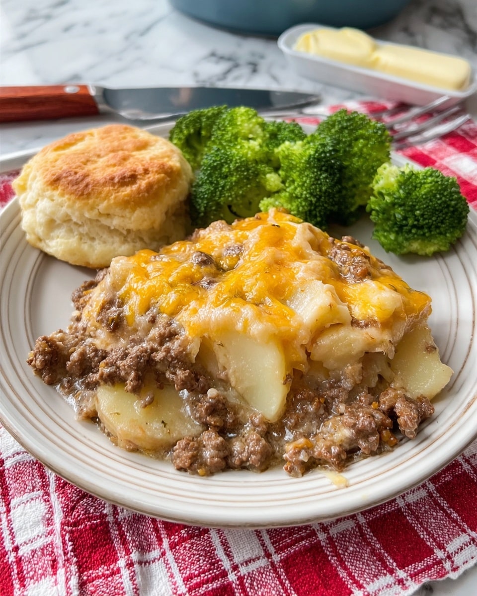 A white plate holds three main parts: on the top left, a golden-brown biscuit with a rough, flaky texture; on the top right, a cluster of bright green broccoli florets with a fresh, slightly glossy look; and covering most of the plate, a thick layer of creamy casserole made of browned ground meat mixed with pale, slightly translucent noodle strips, topped with melted orange-yellow cheese that has a slightly oily shine. The plate sits on a white marbled surface with a silver knife partially visible behind the biscuit and broccoli. Photo taken with an iphone --ar 4:5 --v 7