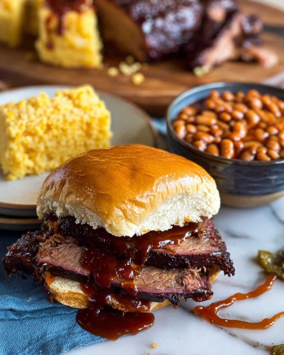 The image shows a sandwich with two soft bread layers, the top one golden brown and shiny. Inside are several slices of dark brown meat covered in thick, dark red sauce that drips from the edges. Next to the sandwich, there is a white plate with a yellow cornbread piece and a blue cloth beneath it. Behind the sandwich, a small dark bowl filled with light brown baked beans is visible. In the background, there is more sliced meat on a wooden board with a shiny glaze. A white marbled surface is underneath everything. Photo taken with an iphone --ar 4:5 --v 7