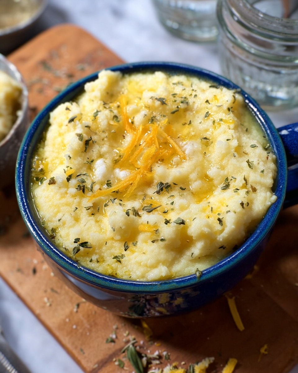 A close-up view of a blue cup filled with a creamy dish made of soft, light yellow mashed texture with small white chunks mixed in. The top layer is uneven and fluffy, sprinkled with dark green dried herbs and a few thin, bright orange-yellow strips placed in the center. There is a light shine of oil on the surface, making the dish look moist. The cup sits on a wooden board, and some small pieces of the yellow strips and green herbs are scattered around it. In the background are blurry parts of clear glass containers on a white marbled surface. photo taken with an iphone --ar 4:5 --v 7