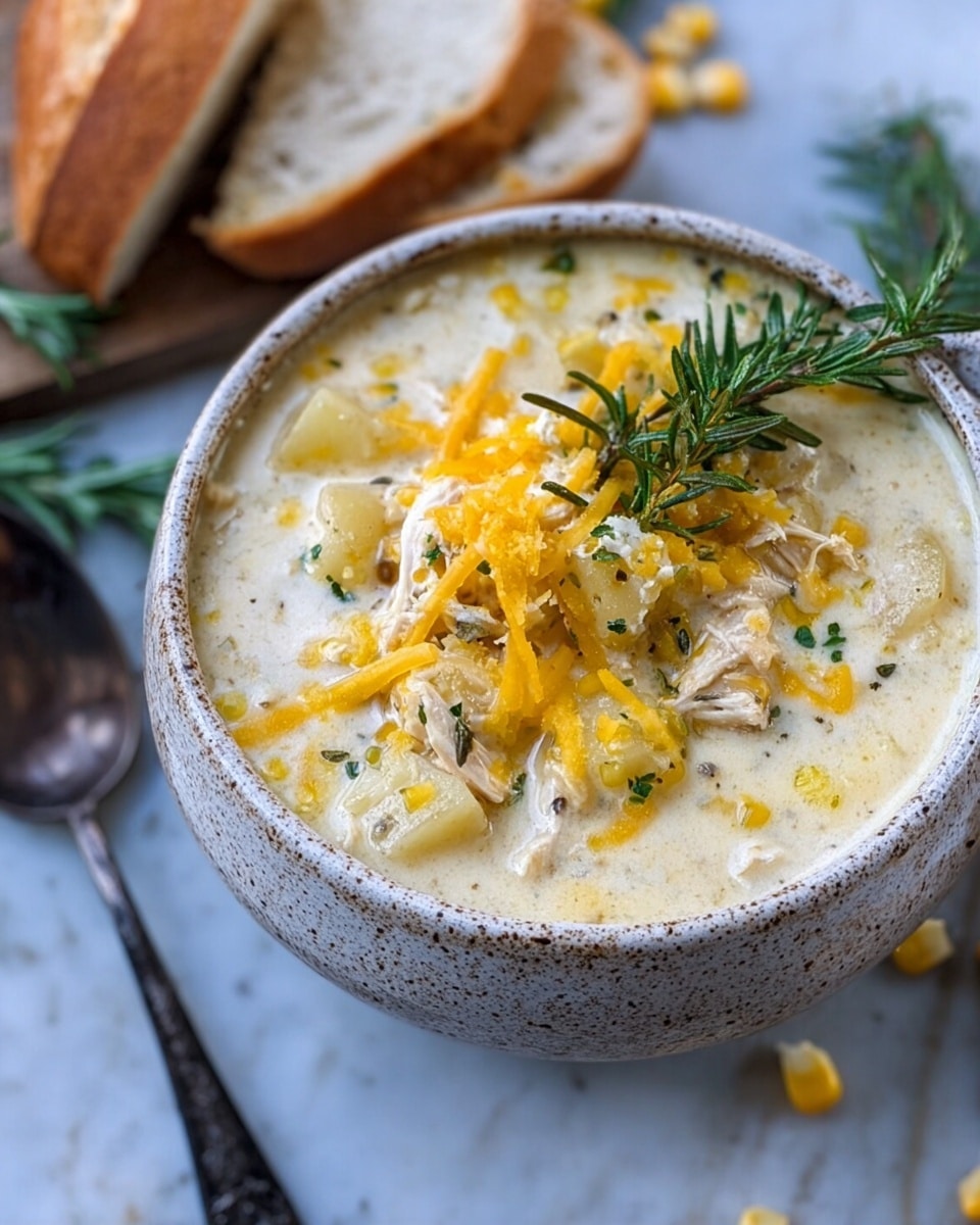 A ceramic cup filled with a creamy light yellow chicken soup that has tender shredded chicken and small pieces of green celery mixed in. The soup is topped with small bright yellow shredded cheese and sprinkled with green herbs, adding color contrast to the creamy base. The cup has a textured blue and white pattern, and the background shows a white marbled texture and a blurred loaf of bread. photo taken with an iphone --ar 4:5 --v 7